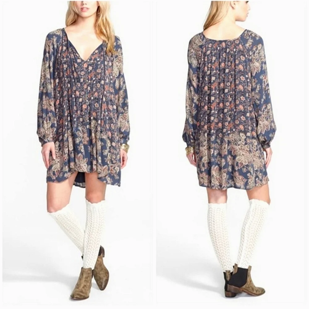 Free people Boho Paisley Blue Floral Lucky Loosey hang Swing Shift dress Large - Picture 2 of 9